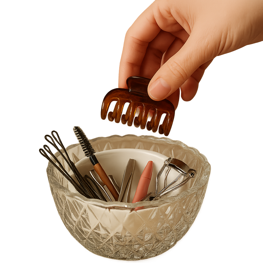 Cut-glass bowls for brushes, clips, and the stuff that multiplies
