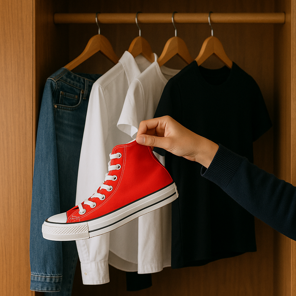 Start with one loud shoe, then build backward