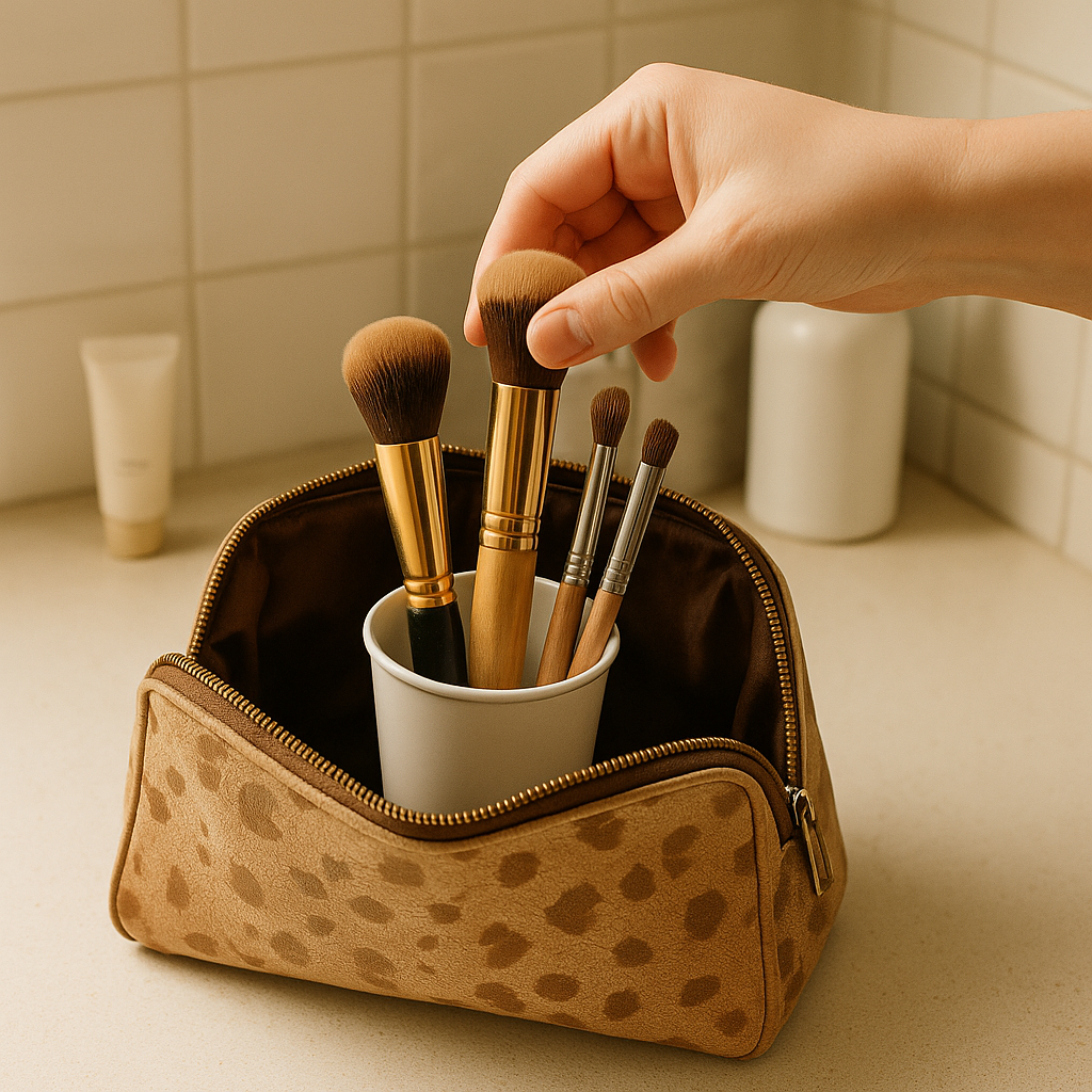Turn a makeup bag into a clean brush station (with a cup)