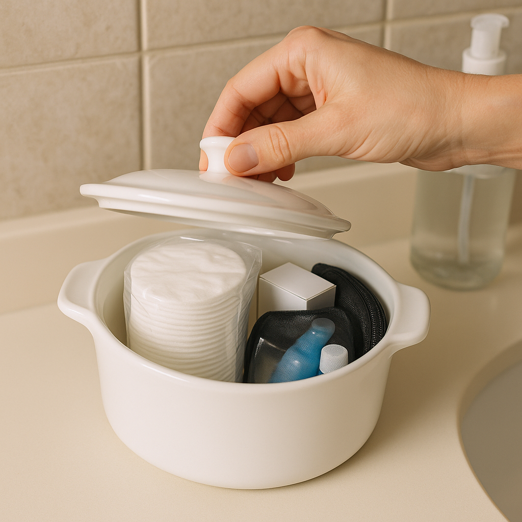 The lidded casserole dish for cotton rounds and backups